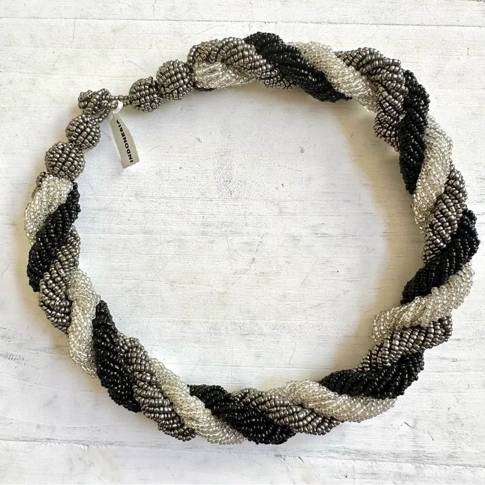 Blackย and grey seedโbeaded twisted Indonesianโnecklace